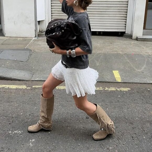 ⚡Women's Sandy Brown Knee High Riding Boots Fringes Buckle Straps Chunky Heel - Picture 6 of 6